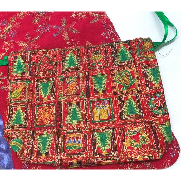 Lot of 5 Fabric Gift Bags Sacks Christmas Winter Patterns Drawstring - Picture 6 of 12